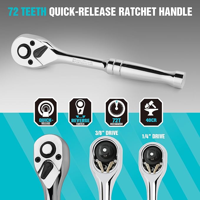 DURATECH 121-Piece Mechanics Tool Kits, Include SAE/Metric Sockets Set, 72-Tooth Drive Ratchet, 40-in-1 Magnetic Screwdriver, and Hex Keys with Carrying Tool Box for Auto Repair