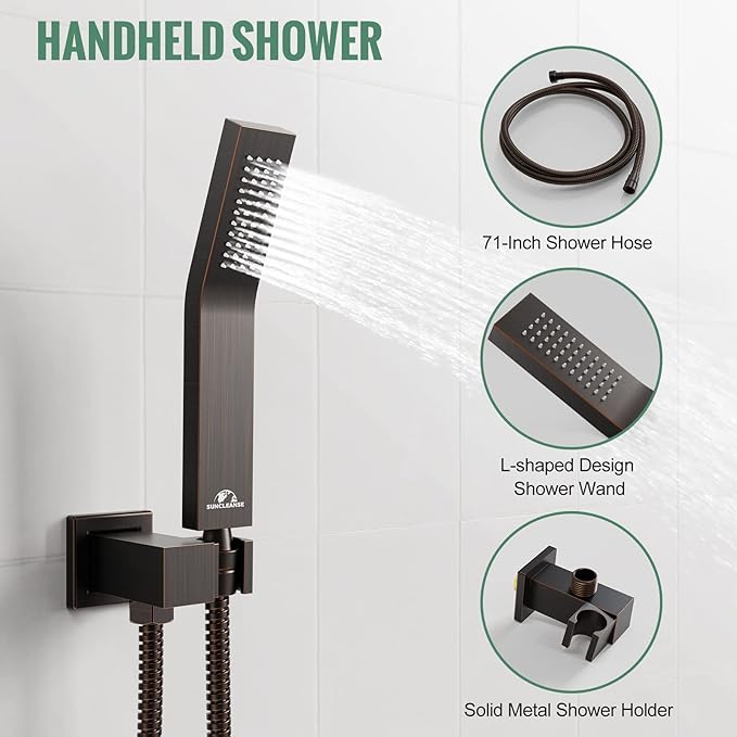 SunCleanse Rainfall Shower System Oil Rubbed Bronze Shower Faucet Combo Set with High Pressure 12 Inches Square Rain Shower Head, Handheld and Shower Faucet Rough-in Mixer Valve and Trim