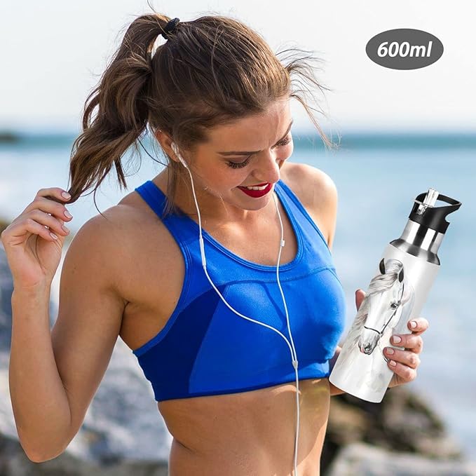 senya 20 Oz Water Bottle with Straw White Horse Stainless Steel Water Bottle for Traveling Sports Leakproof Insulated Water Bottle