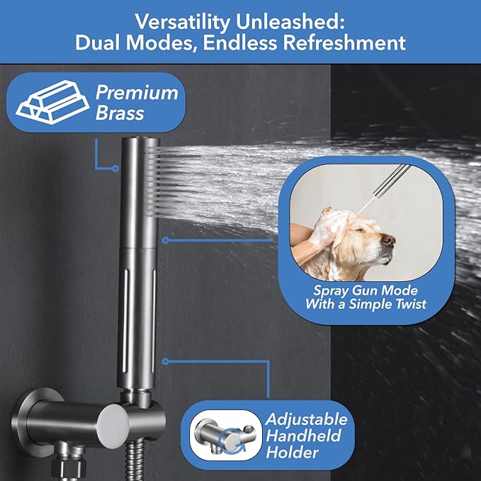 VANFOXLE Shower Faucet Set Brushed Nickel Shower System,Push Button Diverter Shower Faucet with 2 in 1 Handheld,Ceiling Mount 10 Inch Shower Head with 4 PCS Dual Modes Body Jets(2 Inch)