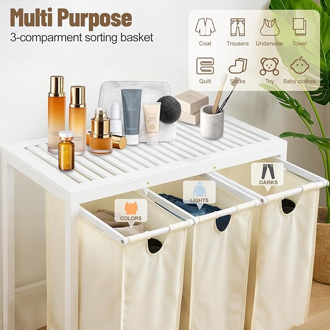 Bamboo Laundry Hamper 3 Section with Lid, 150 L Laundry Sorter with Pull-Out Removable Washable Bags, 3 × 12.5 Gal Divided Laundry Baskets for Laundry Room, Bathroom (White)