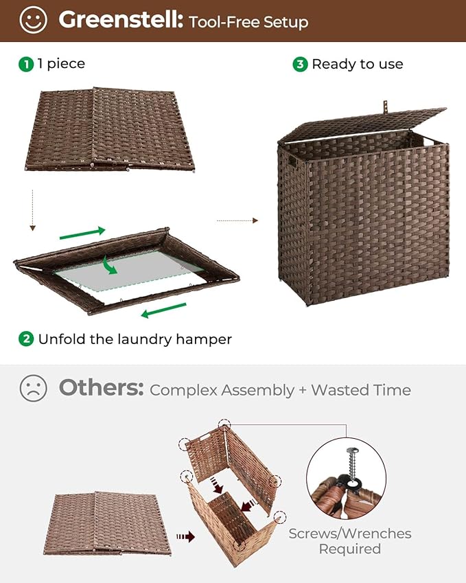 Greenstell Laundry Hamper with lid, No Install Needed, 130L Wicker Laundry Baskets Foldable 2 Removable Liner Bags, 2 Section Clothes Hamper Handwoven Rattan Laundry Basket with Handles, Brown