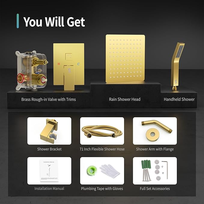 SR SUN RISE Shower System - Shower Faucet Set with 8 Inch Rain Shower Head and Handheld Shower - High Pressure Rain Shower System - All Metal Shower Faucet Trim Repair Kits - Brushed Gold