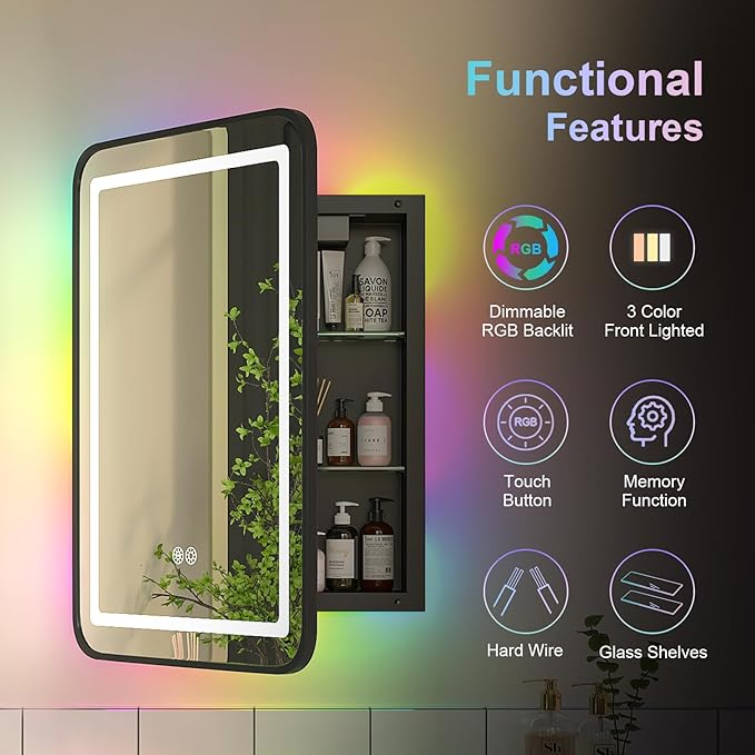 Metal Recessed Medicine Cabinets for Bathroom Medicine Cabinet with Mirror,RGB LED Medicine Cabinet with Lights,Lighted Medicine Cabinets Wall Mounted,Bathroom Mirror with Storage 16 x 24