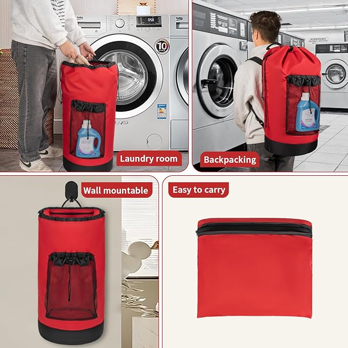Laundry Bag Backpack with Shoulder Straps and Mesh Pocket Foldable Laundry Hamper for College, Apartment, Laundromat (Red)