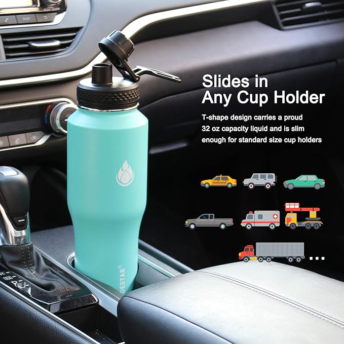 SENDESTAR Water Bottle 32oz,2 Lids(Straw lid),Wide Mouth Stainless Steel Vacuum Insulated Double Wall Keep Liquids Cold or Hot All Day,Sweat Proof Sport Design,Fit Car Cup Holder(Mint)