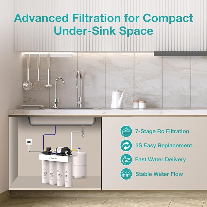 SimPure T1-100 Reverse Osmosis Water Filter, Near 0 TDS Reverse Osmosis System 7 Stage, NSF/ANSI 58 Certified, Under Sink RO Water Filtration System 100 GPD with Tank, Build in Pump, BPA Free