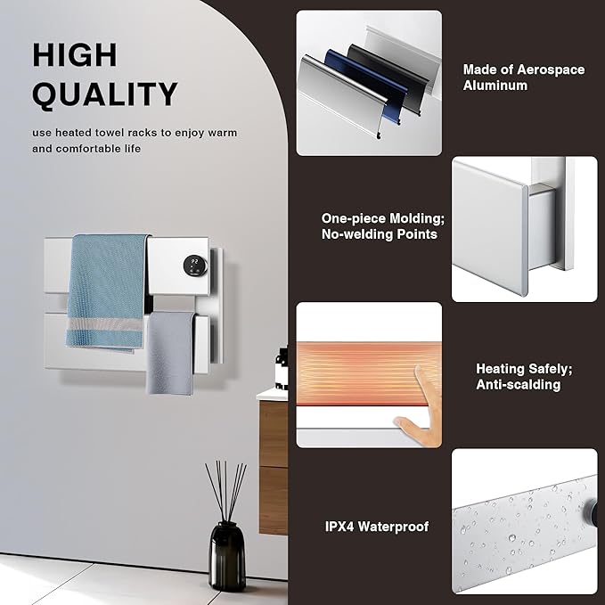 K&KALONZO Electric Towel Warmer, 18.35" W x 14.6" H Wall-Mounted Towel Heater with Built-in Timer, Waterproof Aluminum Towel Warmer for Bathroom, Support Plug-in and Hardwired, Silver, K2-R-S