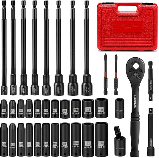LLNDEI 1/4" Drive Socket Set & Nut Driver Set 38PCS,1/4-Inch Sockets Deep&Shallow SAE 5/32" to 9/16"? with Ratchet, Hex Shank 6" Long Nut Drivers(1/4" to 9/16") for Drill Bits(PH1 PH2)