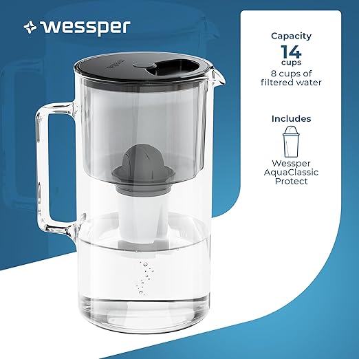 D2 Borosilicate Black Glass Water Filter Pitcher Crystal Clear Hydration 8-Cup Capacity | 2in1 Water Purifier Pitcher and Stylish Water Carafe | Efficient Filtration for Pure, Refreshing Water