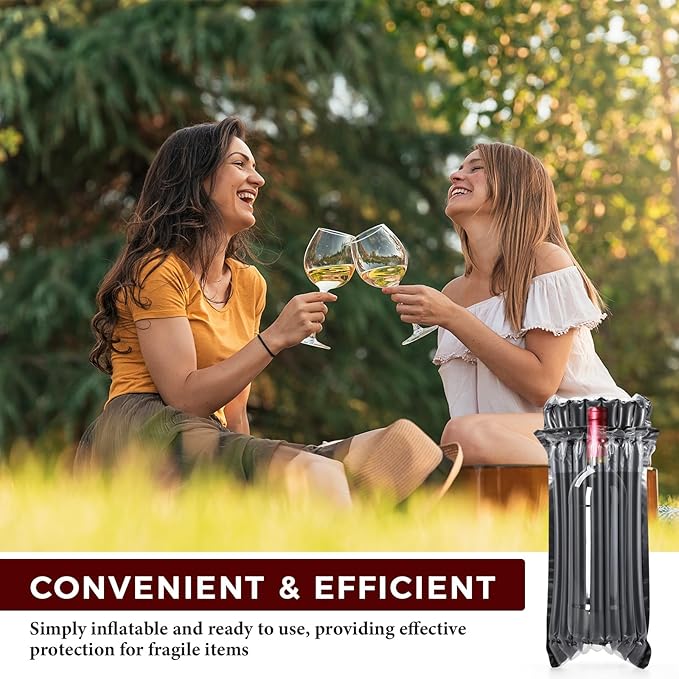 Frienda 50 Pcs Black Inflatable Wine Bottle Travel Protector Bags Reusable Air Column Wine Travel Inflatable Bag with Pump Wine Shipping Sleeves Wine Packing for Glass Bottles Airplane Transportation