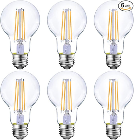 Energetic Dimmable LED Filament Light Bulbs, 8W, 60 Watt Equivalent, Soft White 2700K, Classic Clear Glass, A19 LED Light Bulb, 6 Pack