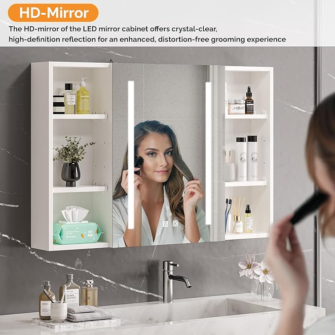 VINGLI 36Inch Medicine Cabinet with Lights, Lighted Medicine Cabinet with Mirror, Bathroom Vanity Mirror with Storage,Wall Mounted Anti-Fog Dimmable Light and Color Adjustment,5.9" D x 36" W x 24" H