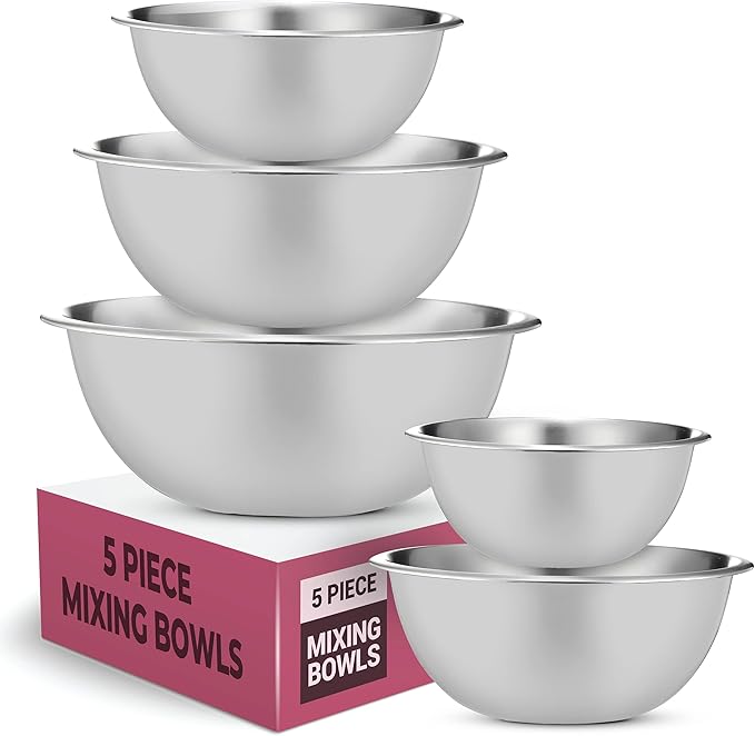 FineDine Stainless Steel Mixing Bowls (Set of 5) Stainless Steel Mixing Bowl Set - Easy To Clean, Nesting Bowls for Space Saving Storage, Great for Cooking, Baking, Prepping