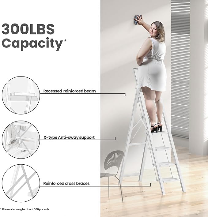6 Step Ladder, Folding Step Stool with Handgrip and Anti-Slip Wide Pedal, Portable Lightweight Aluminum Stepladder for Kitchen, Home, Library, Office (300 lbs Capacity) - White