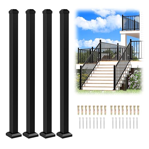 4 Pack 2.56 in. x 2.56 in. x 39 in. Aluminun Deck Railing Post with Screws, Black Textured Outdoor Powder-Coat Finish Stair Post for Decks, Porches & Balconies (4X 39in Post)