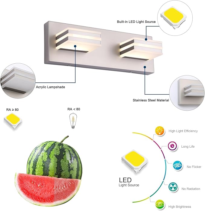 2-Light, 12.6-Inch Wall Lights Brushed Nickel Vanity Lights for Bathroom Light Fixtures Adjust 3 Colors Modern Bath Lighing Fixture Over Mirror