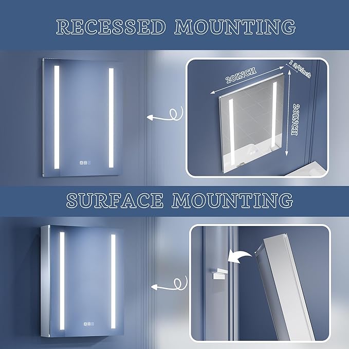 ExBrite LED Lighted Bathroom Medicine Cabinet with Mirror, 20 x 26 Inch, Recessed or Surface Mount, Anti-Fog, Stepless Dimming, Color Temperature Adjustment, 2 Outlets, Storage Shelves, Right Hinge