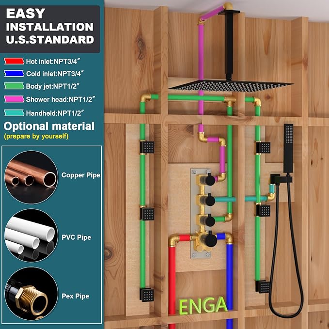 Enga Thermostatic Shower System 16 inch Rain Shower Head with 6 Body Spray Jets, Can Use All Functions At a Time (Volume Adjustable), Matte Black