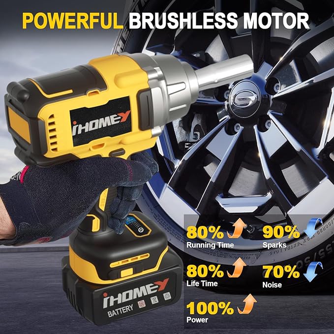 816.67Ft-lbs(1100N.m) Cordless Impact Wrench, 1/2 inch Power Torque Wrench, 2-Mode Speed,Electric Impact Gun with 2 Batteries, Charger and 5 Sockets