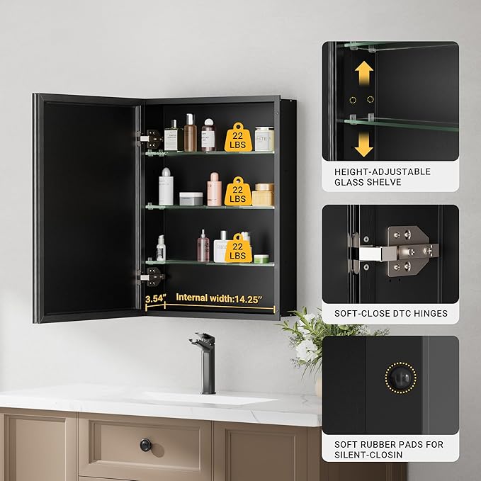 Black Medicine Cabinet Mirror, 16''x 26'' Surface or Recessed Aluminum Framed Medicine Cabinet with Beveled Mirror, Full-Assembled, Adjustable Shelves,Reversible Bathroom Mirror with Storage
