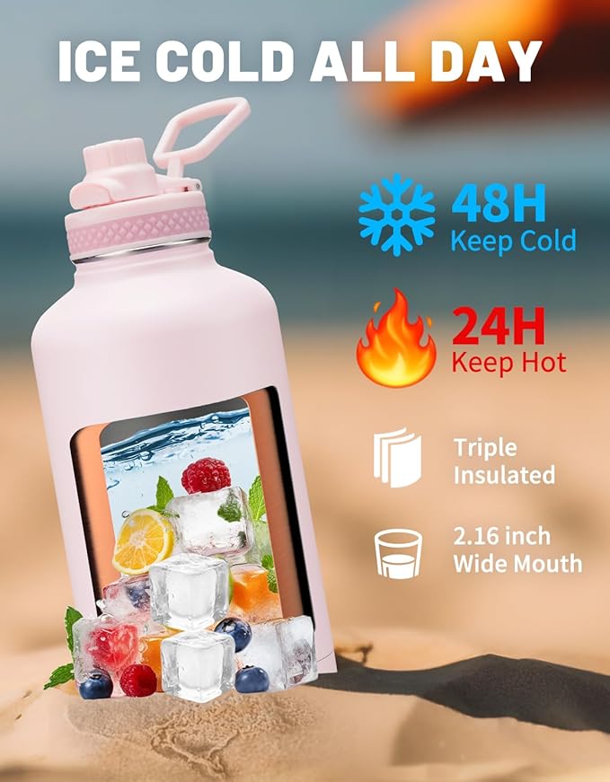 Half Gallon Water-Bottle with Straw - Pop-up Chug Lid (Cold 48H & Hot 24H) 64oz Insulated Water Bottle Flask with Sleeve Strap, Paracord Handle, Bottle Boot, Pink Stainless Steel Metal Water Jug