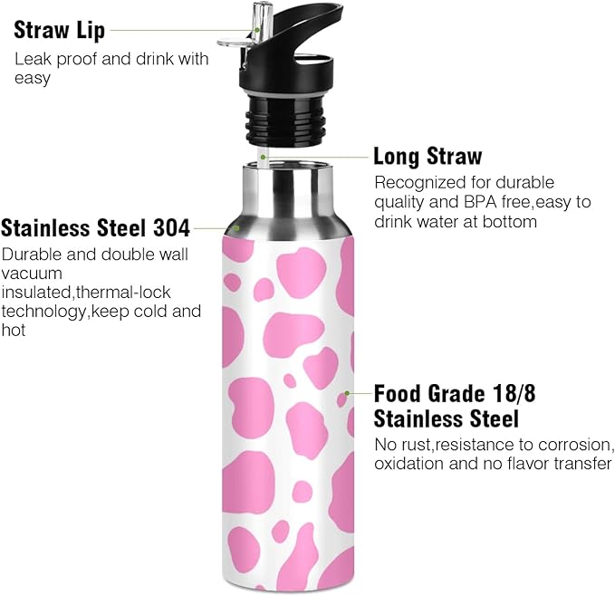Qilmy Black and White Leopard Water Bottle Vacuum Insulated Stainless Steel Water Bottles with Straw Lid Leakproof Wide Mouth Water Flask for Fitness Outdoor Sports, 20 oz