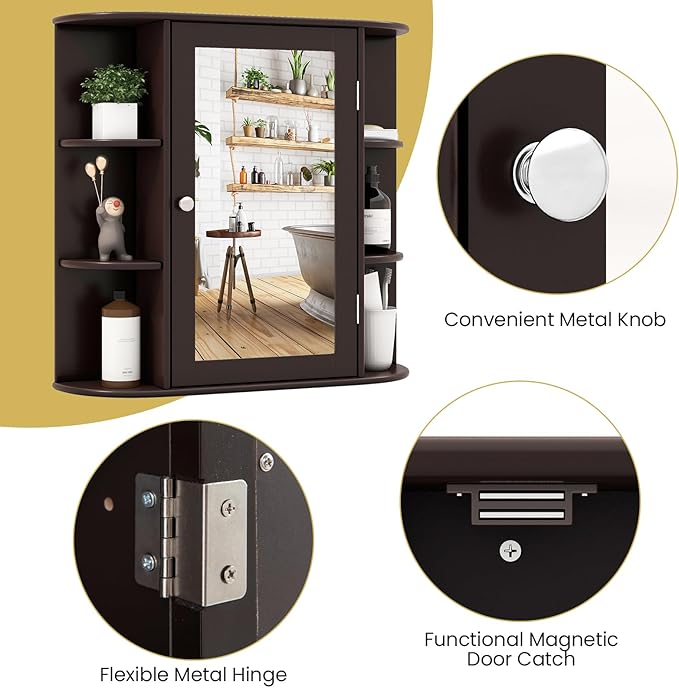 Tangkula Bathroom Medicine Cabinet with Mirror, Wall Mounted Home Storage with Door & 6 Open Shelves, Adjustable Shelves, Mirrored Bathroom Wall Cabinet (Coffee)
