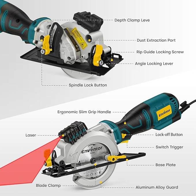 Enventor Mini Circular Saw, 5.8A 4-1/2" Electric Circular Saws with 6 Saw Blades, Laser Guide, Max Cutting Depth 1-11/16"(90°), 1-1/8"(45°) for Soft Metal, Wood, Tile, Drywall, Plastic Cutting
