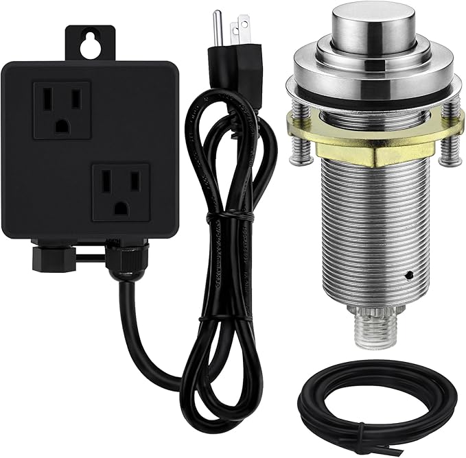 SinkTop Air Switch Kit (Long Full Brass Button) for Disposal, Dual Outlet, (Brushed Nickel)
