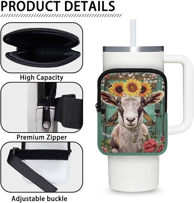 Goat Sunflower Stanley Cup Pouch with Adjustable Strap Water Bottle Storage Bag 20oz-40oz IceFlow Tumbler Pouch for Stanley Accessories