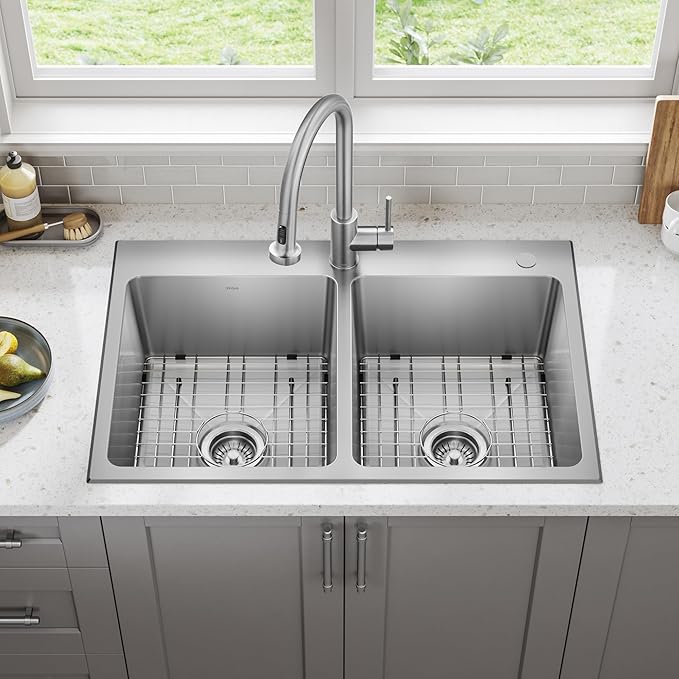 KRAUS Fairlane 33-inch Drop In/Top Mount Double Bowl 18-Gauge Stainless Steel Kitchen Sink, KHT632-33