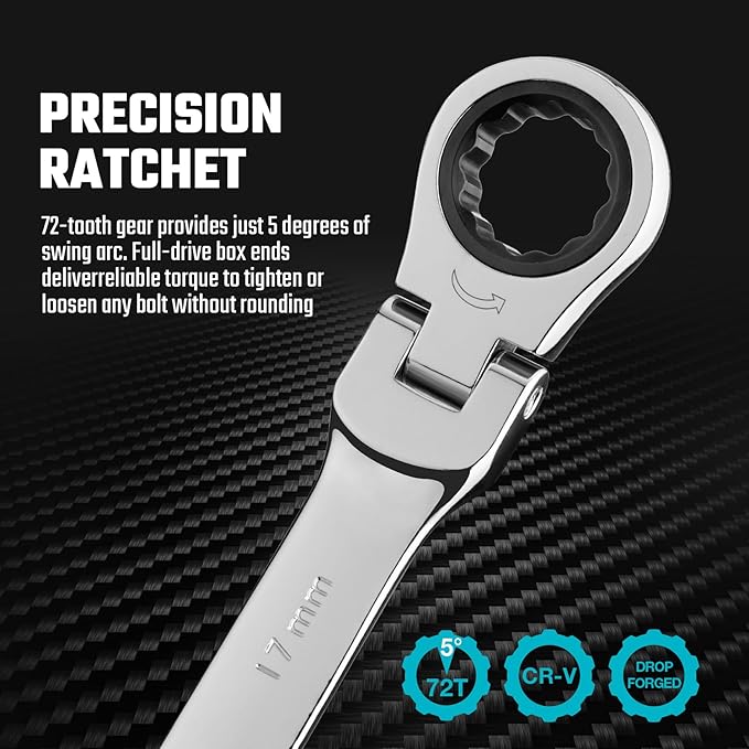 DURATECH 9-Piece Flex-Head Ratcheting Wrench Set, Combination Wrench Sets, 72 Tooth, Metric, 8, 10, 11, 12, 13, 14, 15, 16, 17mm, CR-V Steel, with Rolling Pouch