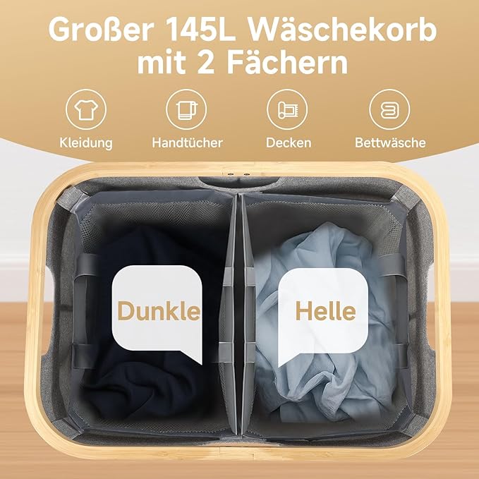 145L Double Laundry Basket with Lid, 2 Section Dirty Clothes Hamper with 2 Removable Bags for Bedroom, Bathroom, Dorm, Gray