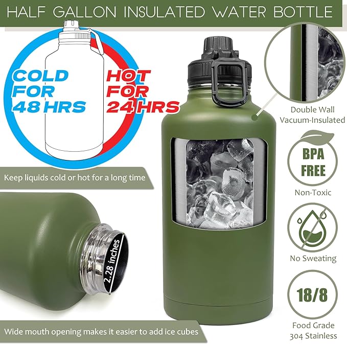 64 Oz Water Bottle with Sleeve - Military Green Half Gallon Insulated Water Jug with Handle - Stainless Steel Sports Bottle for Gym Workout Hiking Camo Black Pouch