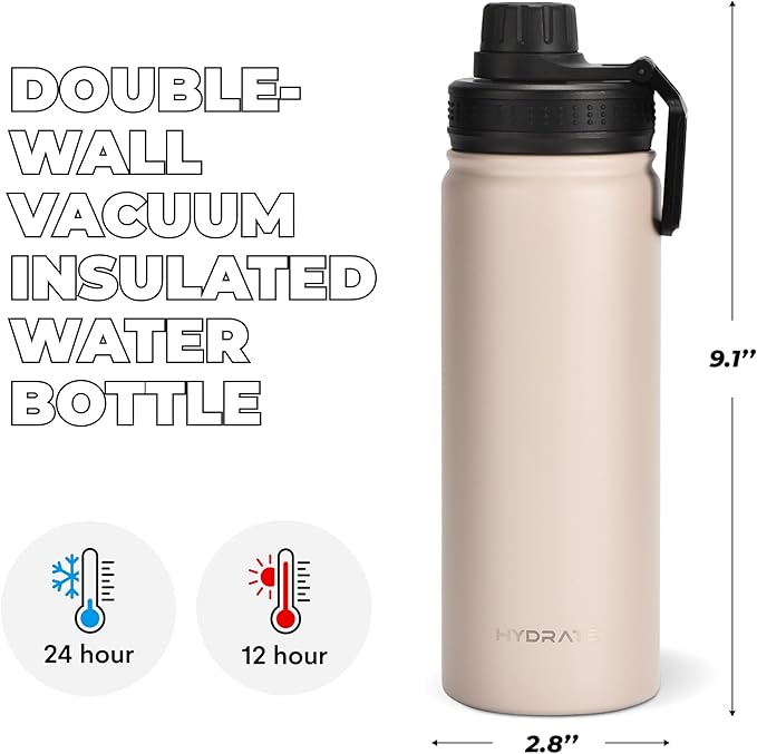 HYDRATE Insulated Stainless Steel Water Bottle - Large Reusable Flask with Leak-Proof Design and Convenient Handle - Double Vacuum Insulation for School, Work, or Adventure