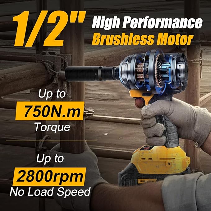 1/2 inch Brushless Impact Wrench 750N.m(553 Ft-lbs) 20V High Torque Impact Gun with 4.0AH Battery and Fast Charger Cordless Impact Driver for Car,Construction,Building,DIY