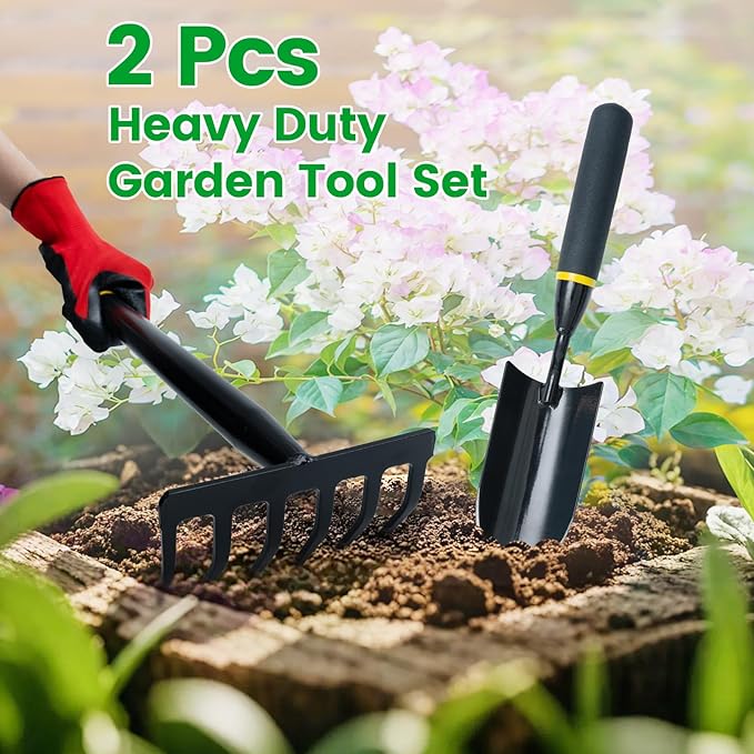 Garden Tool Set, 2 Piece Heavy Duty Gardening Hand Tools with Comfortable Handle, Including Garden Trowel and 6-Tine Rake, Durable Gardening Gift for Kids Men Women