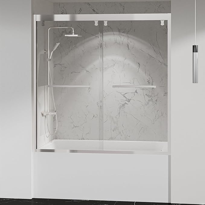 Bathtub Double Sliding Shower Door 55-59 in,Water Repellent Tub Shower Door,Shower Doors for Bathtub,with 5/16"(8mm) Clear Tempered Glass,Explosion-Proof Film,Stainless Steel Frame,Silver
