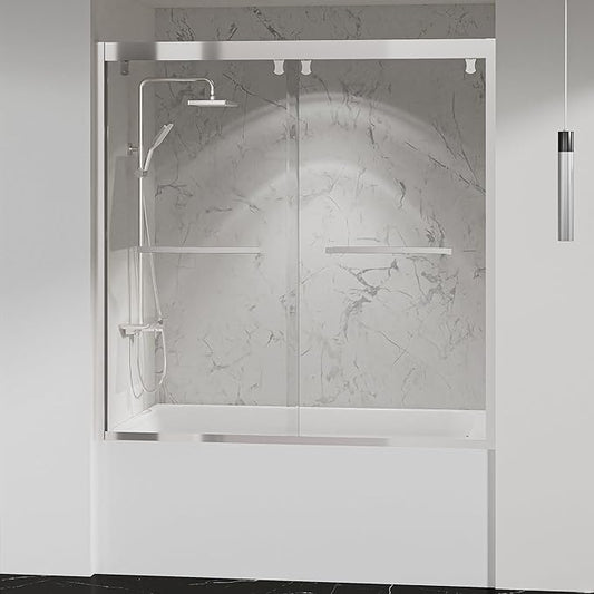 Bathtub Double Sliding Shower Door 55-59 in,Water Repellent Tub Shower Door,Shower Doors for Bathtub,with 5/16"(8mm) Clear Tempered Glass,Explosion-Proof Film,Stainless Steel Frame,Silver