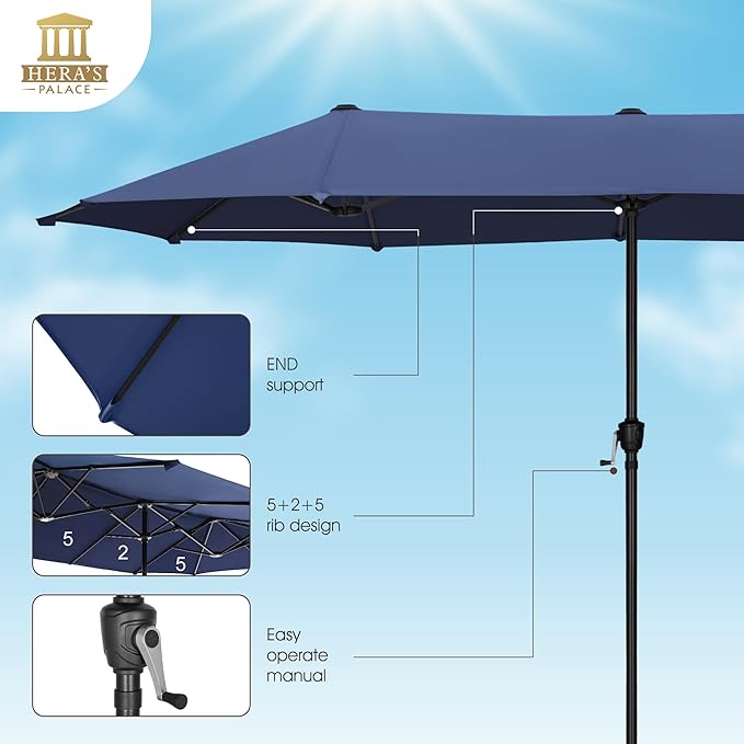 HERA'S PALACE 13 ft Rectangle Patio Umbrellas, Large Outdoor Umbrella with Crank, Powerful UV Protective, Table Umbrella Outdoor Patio for Backyard, Pool, Garden, Deck