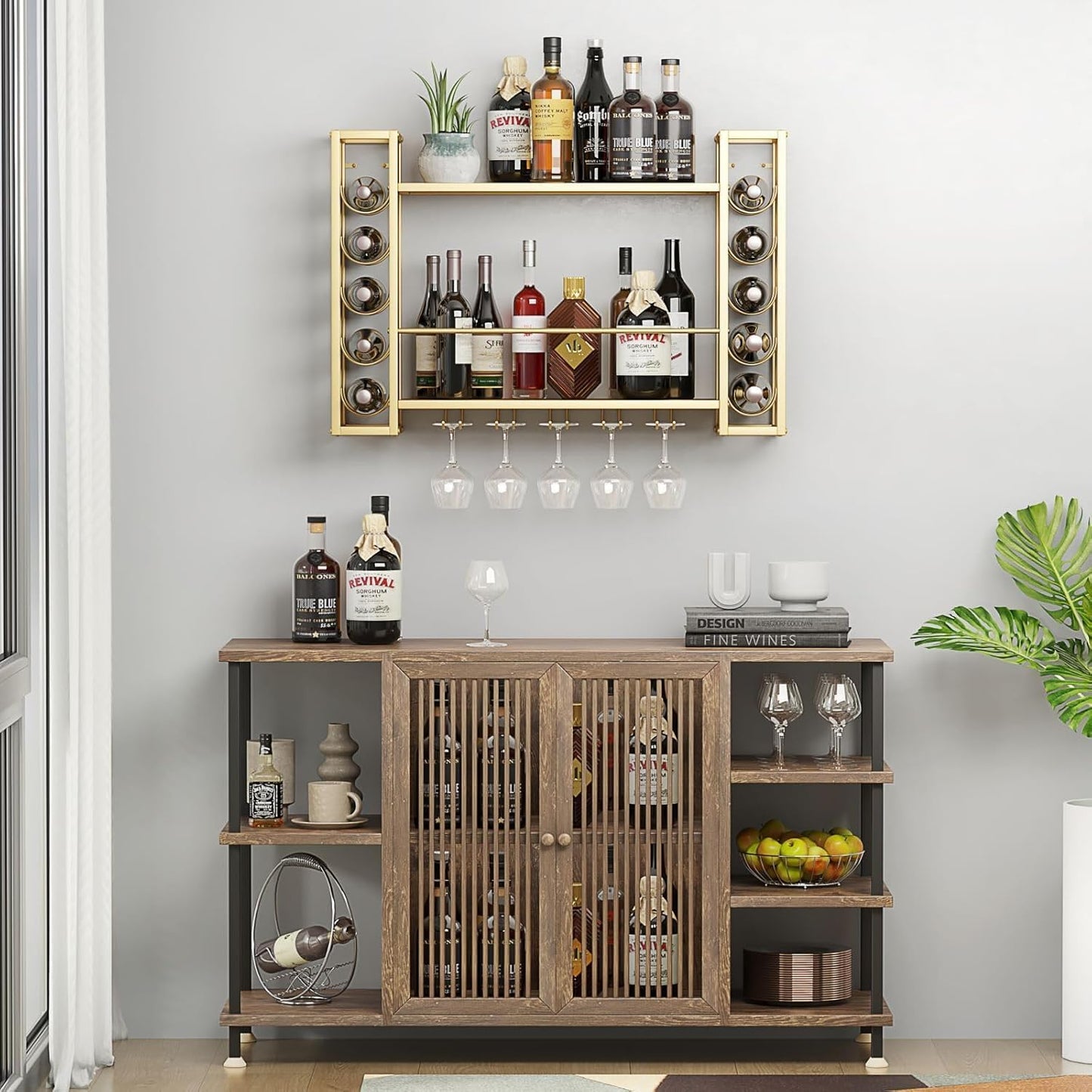 Wall Mounted Wine Rack, Hanging Floating Bar Liquor Shelves with Glass Holder, Metal Bottle Holder Wine Storage Display Shelf for Home Bar, Gold (47.2”W x 9.8”D x 21.65”H)
