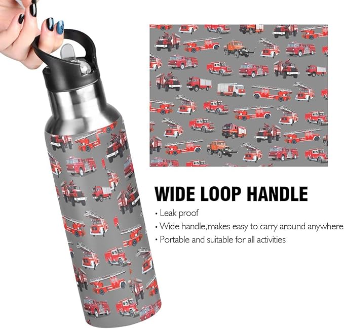 Fire Truck Stainless Steel Water Bottle with Straw Lid - 20 Oz Sports Insulated Water Bottle Thermos for Sport Gym Outdoor Travel School