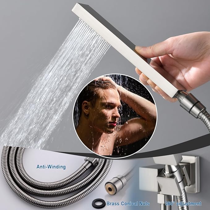 Enga Thermostatic Dual Shower System, 12"+6" Wall Mount Dual Rain Shower Faucet, All Functions Use Together & Volume Adjustable, Brushed Nickel