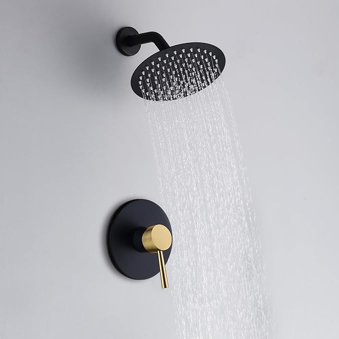 SUMERAIN Single-Function Shower Faucet Set Black and Gold, Stainless Steel 8 Inch Rain Shower Head Single Handle With Rough-in Valve Shower Trim Kit