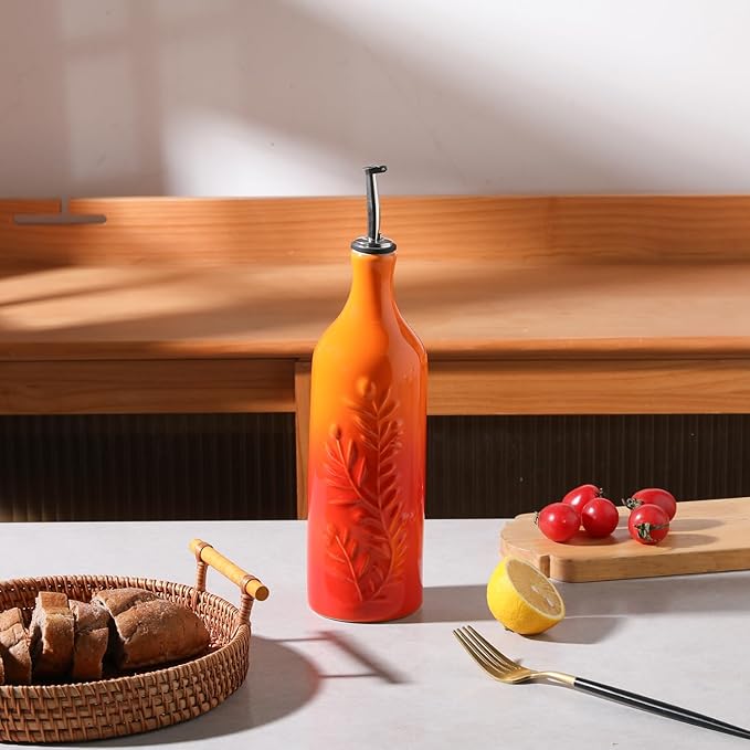 Sweejar Large Olive Oil Dispenser Bottle with Spout, 24 Oz Ceramic Oil Dispenser for Kitchen, Relief Opaque Cruet, Container for Cooking, EVOO, Vinegar, Pack of 1 (GradientOrange)