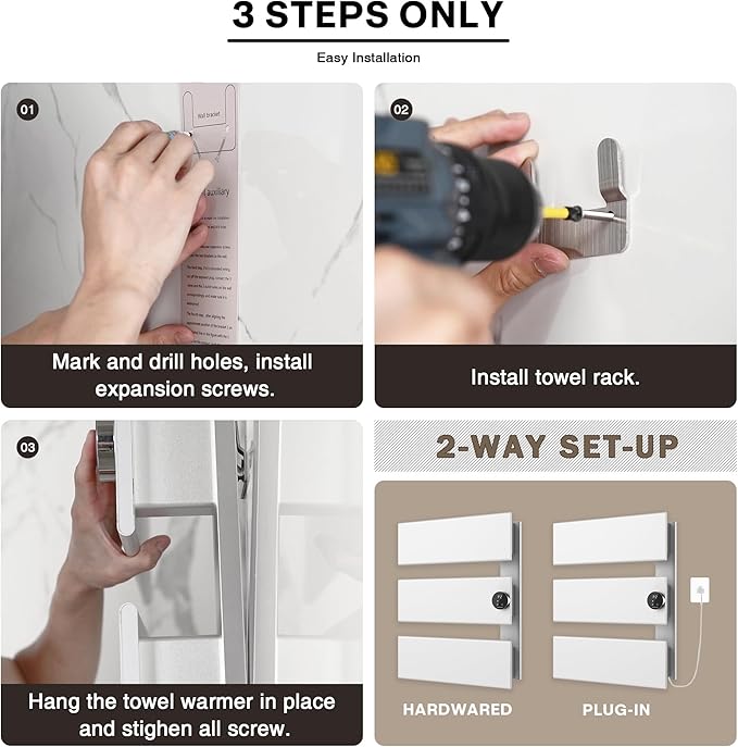 K&KALONZO Electric Towel Warmer, 18.35" W x 22.8" H Wall-Mounted Towel Heater with Built-in Timer, Waterproof Aluminum Towel Warmer for Bathroom, Support Plug-in and Hardwired, White, K3-R-W