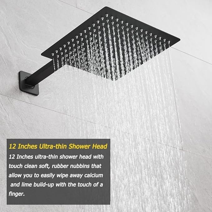 Matte Black Shower Faucet Set with Tub Spout Bathroom Rainfall 12 Inch Shower Head System with Handheld Single Handle Shower Trim Kit with Rough-in Valve