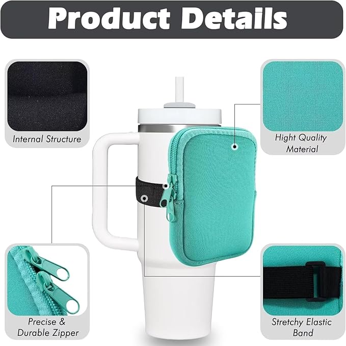 Silicone Water Bottle Pouch with Straw Covers - Water Resistant Drinking Tumbler Pouch with Zipper Compartment, Outer Storage Pocket - Fits Up to 40 Oz Jugs, Green