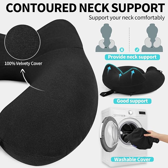 Inflatable Travel Neck Pillow for Airplane, 360° Head Support Velvet Adult Neck Pillow for Long Flight, Removable Washable Cover, Kit with Eye Masks, Earplugs & Storage Bag, Black